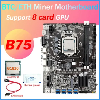 НОВА дънна Платка за майнинга БТК с 8 карти B75 + процесор G1610 + Термопаста + Кабел SATA 8XUSB3.0 (PCIE 1X) Слот за графичен процесор LGA1155 DDR3 RAM MSATA