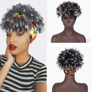 Нова забрадка Перука от изкуствена Коса афро Къдрава с бретон Модерен Наклон Черно Малки Къдрава Къса Перуки за черни жени