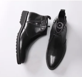 Нови бизнес мъжки обувки с висок берцем, кожени ботуши с остри пръсти, кожени мъжки обувки, къси модни обувки, Модни обувки Win