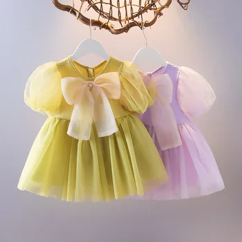 Нови Летни детски рокли за Малки момичета, милото сетчатое рокля на принцеса с Голям нос, къс ръкав, скъпа ежедневни облекла от 9 до 3 години