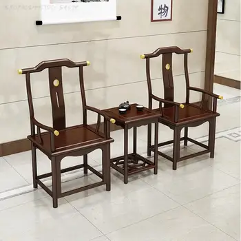 Новият китайски кръг стол от масивно дърво, комплект от три елемента, майсторски стол от бряст, двореца стол, масичка за чай, хотелски стол под стари времена