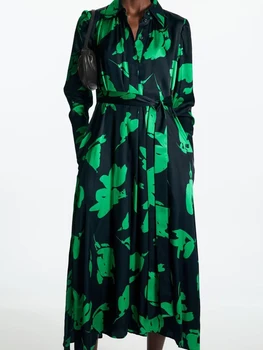 Ново Модно дамско винтажное рокля-риза миди с флорални Принтом и пояс, женски Свободно ежедневна рокля с дълъг ръкав