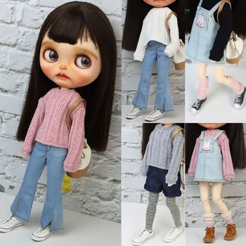 Облекло за кукли Blyth модерен пуловер, къса пола, дънки, разкроена панталони, подходящи за кукли от 28-30 см OB22 OB24, аксесоари за кукли, подарък