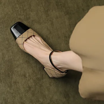 Обувки French grace Mary Jane ' s, дамски модни обувки на нисък ток в клетка с диаманти, дамски кожени обувки с квадратни пръсти, лятна ежедневни обувки на равна подметка 2023