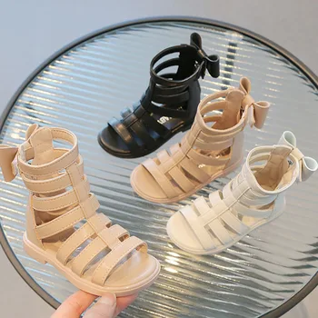 Обувки в римски стил за момичета, лятна новост 2023 г., детска мода, корейската версия, сандали принцеса с лък за момичета, високи детски сандали за момичета