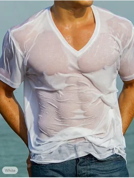 Однотонная мъжки t-shirt, дишаща 3d V-образно деколте, ежедневни блузи от полиестер в голям размер, с къс ръкав, свободни летни модни мъжки тениски