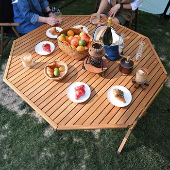 Открит осмоъгълни маси за пикник със самостоятелно управление, сгъваема маса за пикник от масивно дърво, маса от черен орех