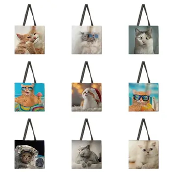 Пазарска чанта с изображение на котка от карикатура, дамски холщовая ежедневна чанта, дамска плажна чанта, сгъваема чанта за пазаруване