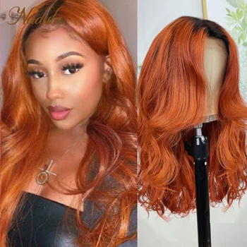 Перука на дантели Nadula Hair 13x4, имбирно-жженый оранжев цвят, без вълнообразни перука с тъмни корени, 100% перуки, изработени от човешка коса за жени