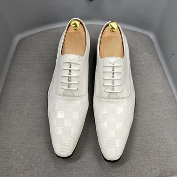 По-големи Размери 13 47, класически италиански мъжки обувки-Oxfords от Естествена Кожа в Бял Цвят дантела С Остри Пръсти за Сватбени Партита, Вечерни Обувки за Мъже