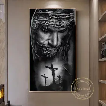 Портрет на Исус Христос, Живопис върху платно, религиозен Кръст, Черно-Бял плакат, стенно изкуство, картина в голям размер, декорация на дома, хол