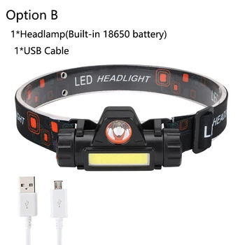 Преносим мини-мощен led фар XPE + COB USB, акумулаторна светлината на прожекторите, вграден акумулатор, водоустойчив налобный фенер, налобный фенер