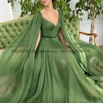 Приказно-зелена рокля за бала трапецовидна форма с шал от 100D шифон, вечерна рокля с колан и влак, вечерни рокли, Vestidos De Noche