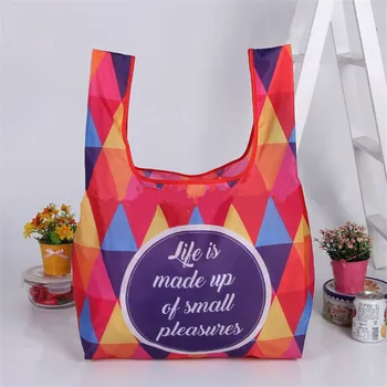 продажба на едро 5000 бр./лот, отпечатани на поръчка цветни лого, Еко Многократна употреба сгъваеми чанти от найлон и полиестер за пазаруване, чанта за супермаркет