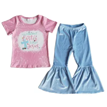 Продажба на едро, бутик, есен облекло, Модни Детски Комплекти дрехи с надписи, дрехи за малките момичета, детски пролетно-сини панталони-камбанка