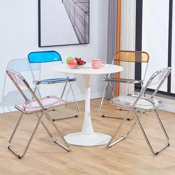 Прозрачен сгъваем стол, модерен стол с маса за хранене, хрусталем, Лесен луксозен стол с облегалка, стол за снимки и стол за грим, Wh