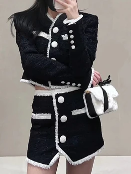 Пролет-есен секси мини пола с пискюли, корейски черни твидовые комплекти, оплетка палта, дамски Якета, дамски Блузи