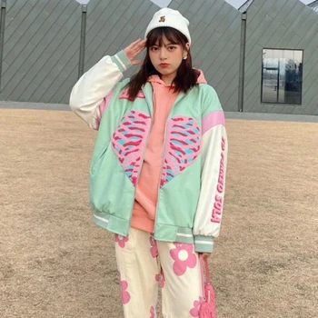 Пролетната мода 2021 г., бейзболна яке с принтом във формата на сърце, дрехи за двойката, сако, дамско палто, женски корейски блузи, дамско яке оверсайз, топла