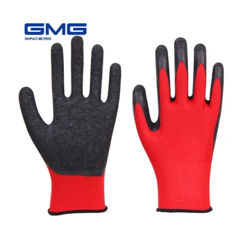 Работни Ръкавици GMG CE Сертифицирани EN388, Червени, От Полиестер, Черни, Латексови, С Морщинками Работни Защитни Ръкавици, Работни Мъжки Ръкавици