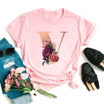 Розова дамска тениска с букви от азбуката 26 за момичета, комбинация от букви букви от A До Z, ежедневни блузи в корейски стил с къс ръкав