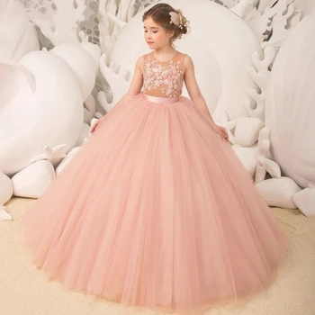 Розови рокли на цветчета за момичетата, завързана модел, пищни рокля с дълъг влак, тюлевое рокля на принцеса за рождения ден, за първо причастие, сватбената рокля на цветчета за момичетата