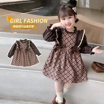Рокли с дълъг ръкав за момичета, детски пролетно-есенни нови корейски рокли, рокли с волани за малки момичета