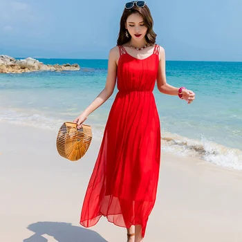 Рокли-Секси вечерна лятна рокля, коприна плажна дълга рокля, Червени Рокли, елегантни и ежедневни облекла, Vestidos Verano LWL1533