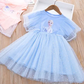 Рокля замразени принцеса Елза за момичета 2023, лятно сетчатое рокля за малки момичета, детски дрехи с къс ръкав и кръгло деколте за деца