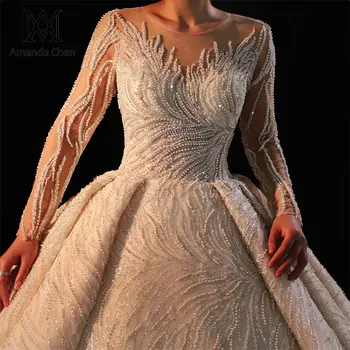 сватбена рокля mariage femme с дълъг ръкав, Кружевными Апликации и перли