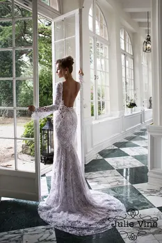 Сватбени рокли на русалка на поръчка 2015, зашеметяващи сватбени рокли с дълги ръкави и V-образно деколте дължина до пода, струята, открита на въртене, дантелено сватбена рокля sh0040
