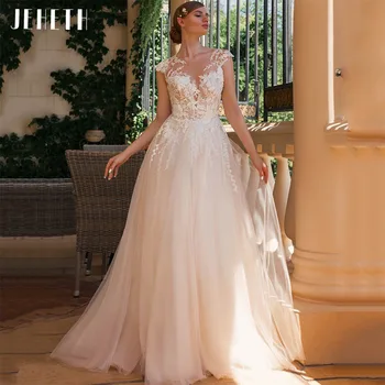 Сватбени рокли Принцеса в Бохемски стил с Кружевными Апликации JEHETH, 2022, Сватбената Рокля Трапецовидна Форма, с Къси Ръкави, с Индивидуални размери, vestidos de новия