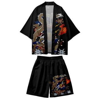 Свободни шорти-кимоно с принтом китайски Дракон, 2 бр., лятна двойка, жени, мъже, плажен жилетка, юката Харадзюку
