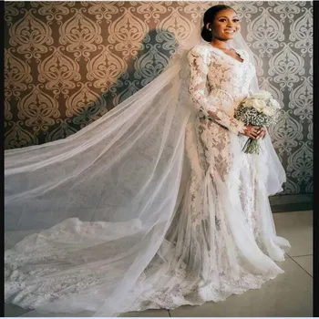 Секси V-образно деколте, прозрачни лейси апликация, сватбената рокля на Русалка, Vestido Феста Luxo, стрелка с форма на струята, по-големи размери, сватбени рокли с дълъг ръкав