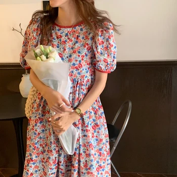 Секси дълга рокля в корейски стил с флорални принтом 2021, летни рокли трапецовидна форма с къс ръкав и кръгло деколте, прекрасни Елегантни рокли