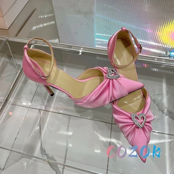 Секси сандали на висок ток с кристал катарама във формата на сърце, дамски розови копринени обувки с остри пръсти, вечерни обувки за партита, летни