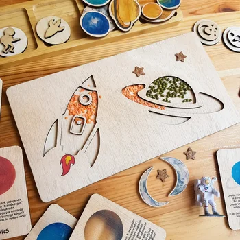Сензорна плоча Монтесори във формата на животни на планетата, дървена чиния, Тренировка творческо мислене, детски образователни играчки