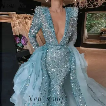 Сини секси вечерна рокля с дълбоко V-образно деколте и дълги ръкави, покрита с пайети, с подвижна влак, поли за бала 2023