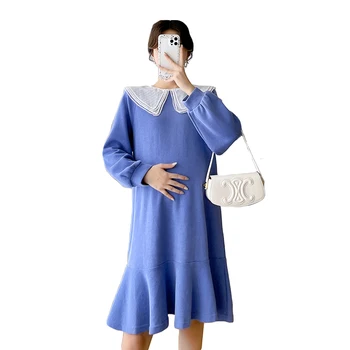 Синя рокля за бременни добро качество, пролет-есен, яка 