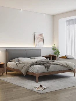 Скандинавска кожено легло от масивно дърво лека луксозна модерна проста 1,8 м двойно легло в основната спалня и 1,5 м на легло за малко семейство с високи крака