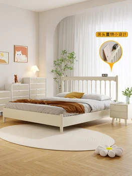 Скандинавска легло от масивна дървесина-бял цвят 1.8 m модерна проста единично двойно легло 1,5 м реколта кремовом стил легло принцеса