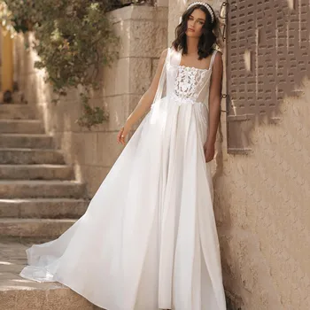 Скромни Сватбени рокли 2022 Дантелено на Булката Рокля от Сатен с Перли, Реколта сватбени рокли в стил Кънтри, Vestido de Noivas Casamento