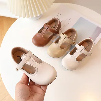 Сладки обикновена дантелени обувки с френски Вятъра за момичета; Колекция 2023 г.; Детски Кожени обувки на принцесата на равна подметка с кръгла пръсти; Дишащи обувки в стил 