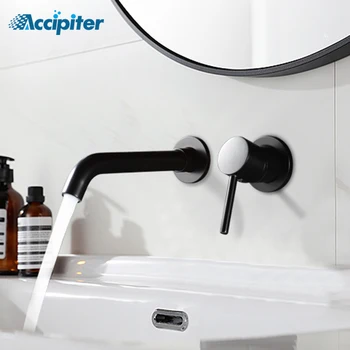 Смесители за мивка в банята, кран Смесители за мивка в банята, с монтиран на стената месинг кран матово-черен, модерен кран
