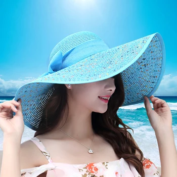 Солнцезащитная шапка, плажна шапка, шапка за пътуване със защита от ултравиолетови лъчи, дамска шапка, сгъваема, с широка периферия, класическа сламена шапка за момичета с лък, пролет-лято