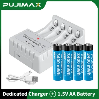 Специализирано зарядно устройство за литиево-йонна батерия PUJIMAX с 4 слота + Комплект Литиево-йонни Батерии постоянно налягане Стабилно тип 1,5 Капацитет 3400 МВтч