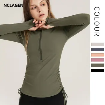 Спортен топ NCLAGEN, дамски пуловер с цип с дълъг ръкав, есенни ризи за йога, бързосъхнеща засаждане, еластична, спортни дрехи с дупки за палеца