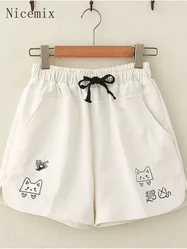 Спортни къси панталони Nicemix Kawaii, дамски летни ежедневни панталони с висока талия, женски корейски къси панталони с права тръба и анимационни котка
