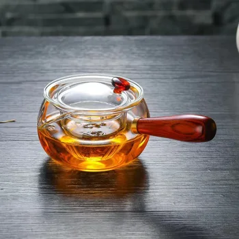 Странична дръжка Стъклен Чайник за Варене на чай с Високо съдържание на Borosilicate Стъкло, Чай кунг-фу, Странична дървена Дръжка, Диспенсер за чай с Дървена Дръжка