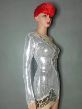 Сценичното модно шоу, Сребърни пайети, лазерно огледало сетчатое рокля, женски сценичното представяне на певицата, прозрачен Костюм