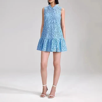 Темпераментное елегантна рокля без ръкави с ревера на кухи бродерия и рюшами, сини водоразтворими дантелени рокли от две части за жените 2023